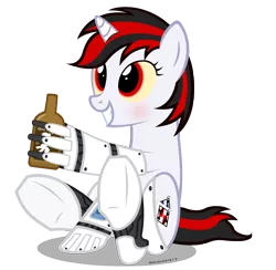 Size: 4000x3910 | Tagged: safe, artist:mrlolcats17, derpibooru import, oc, oc:blackjack, unofficial characters only, cyborg, pony, unicorn, fallout equestria, fallout equestria: project horizons, fanfic, alcohol, artificial hands, augmented, blushing, bottle, cyber legs, fanfic art, female, grin, hooves, horn, mare, queen whiskey, simple background, sitting, smiling, solo, transparent background, whiskey, wild pegasus