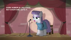 Size: 1280x720 | Tagged: safe, derpibooru import, edit, edited screencap, screencap, maud pie, earth pony, pony, the maud couple, dark comedy, female, mare, maud the comedian, microphone, solo, spotlight, stand-up comedy