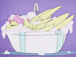 Size: 2048x1536 | Tagged: safe, artist:incendiaryboobs, derpibooru import, fluttershy, pegasus, pony, bath, bathing, bathtub, bubble, cute, eyes closed, female, mare, purple background, relaxation, shyabetes, simple background, solo, suds, water