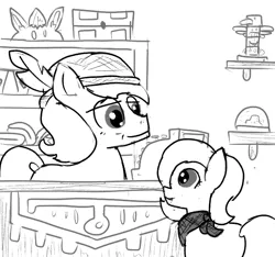 Size: 640x600 | Tagged: safe, artist:ficficponyfic, derpibooru import, oc, oc:emerald jewel, earth pony, pony, colt quest, adult, bandana, cash register, clerk, colt, counter, cyoa, feather, foal, hat, male, monochrome, shelf, shop, snow globe, stallion, store, totem pole, treasure chest