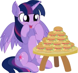 Size: 6655x6224 | Tagged: safe, artist:cyanlightning, derpibooru import, twilight sparkle, twilight sparkle (alicorn), alicorn, pony, .svg available, absurd resolution, blushing, burger, cute, ear fluff, eating, female, food, hay burger, mare, open mouth, simple background, sitting, solo, table, that pony sure does love burgers, this will end in weight gain, transparent background, twiabetes, twilight burgkle, vector