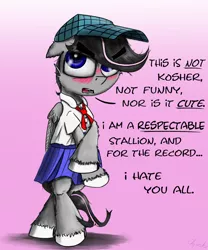 Size: 1664x2000 | Tagged: safe, artist:chopsticks, derpibooru import, oc, oc:chopsticks, unofficial characters only, pegasus, pony, blatant lies, blushing, cheek fluff, clothes, crossdressing, crossed hooves, crossed legs, dialogue, funny, hat, hoof fluff, i'm not cute, male, school uniform, schoolgirl, simple background, solo, stallion, text