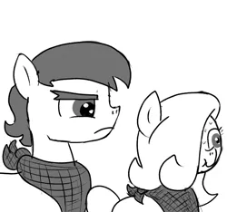 Size: 640x600 | Tagged: safe, artist:ficficponyfic, derpibooru import, oc, oc:emerald jewel, oc:giles pecan, unofficial characters only, pony, colt quest, bandana, colt, cyoa, femboy, frown, grin, male, monochrome, nervous, nervous grin, smiling, story included, sweat, unhappy
