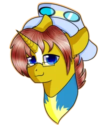 Size: 842x949 | Tagged: safe, artist:rainbowtashie, derpibooru import, caboose, full steam, promontory, silver lining, silver zoom, sunburst, oc, oc:heartstrong flare, alicorn, pony, alicorn oc, clothes, commissioner:bigonionbean, conductor hat, facial markings, fusion, fusion:heartstrong flare, glasses, goggles, horn, male, stallion, uniform, wings, wonderbolt trainee uniform, wonderbolts