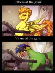 Size: 3000x4000 | Tagged: safe, artist:lupiarts, derpibooru import, spitfire, oc, oc:lupi, oc:lupiarts, pony, digital art, exhausted, funny, gym, looking at you, meme, one eye closed, running, sexy, smiling, sports, stupid sexy spitfire, sweat, sweatdrop, tongue out, training, treadmill, trotting, wink