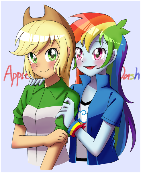 Size: 910x1110 | Tagged: safe, artist:tastyrainbow, derpibooru import, applejack, rainbow dash, equestria girls, appledash, blushing, cute, dashabetes, female, jackabetes, lesbian, shipping