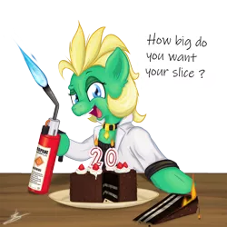 Size: 1200x1200 | Tagged: safe, artist:hardlugia, derpibooru import, oc, oc:professor sugarcube, unofficial characters only, earth pony, pony, birthday, blowtorch, cake, clothes, collar, female, fire, food, lab coat, looking at you, open mouth, raised eyebrow, simple background, solo, text, transparent background