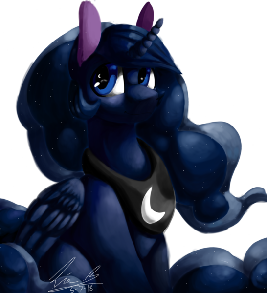 Size: 1280x1406 | Tagged: safe, artist:penpale-heart, derpibooru import, princess luna, alicorn, pony, crescent moon, ethereal mane, eye reflection, female, mare, missing accessory, moon, peytral, reflection, simple background, sitting, smiling, solo, starry mane, transparent background, wingding eyes