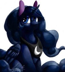 Size: 1280x1406 | Tagged: safe, artist:penpale-heart, derpibooru import, princess luna, alicorn, pony, crescent moon, ethereal mane, eye reflection, female, mare, missing accessory, moon, peytral, reflection, simple background, sitting, smiling, solo, starry mane, transparent background, wingding eyes