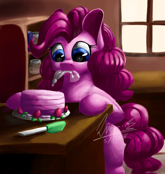 Size: 1280x1353 | Tagged: safe, artist:penpale-heart, derpibooru import, pinkie pie, earth pony, pony, cake, female, food, frosting, icing bag, mare, mouth hold, sitting, solo, strawberry