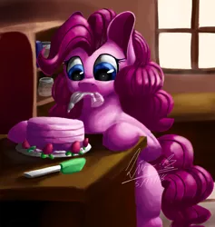 Size: 1280x1353 | Tagged: safe, artist:penpale-heart, derpibooru import, pinkie pie, earth pony, pony, cake, female, food, frosting, icing bag, mare, mouth hold, sitting, solo, strawberry