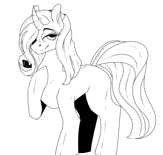 Size: 1280x1218 | Tagged: safe, artist:penpale-heart, derpibooru import, pony, unicorn, black and white, blank flank, curved horn, female, grayscale, hair over one eye, hoof on chest, horn, lidded eyes, lineart, looking at you, mare, monochrome, simple background, smiling, solo, three quarter view, white background