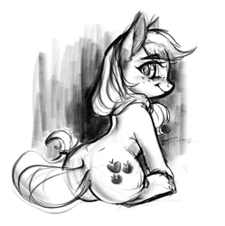 Size: 2236x2247 | Tagged: safe, artist:taytinabelle, derpibooru import, applejack, earth pony, pony, applebucking thighs, applebutt, black and white, butt, cute, female, fluffy, grayscale, looking at you, looking back, looking back at you, mare, monochrome, plot, simple background, sketch, smiling, solo, white background