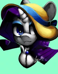 Size: 1280x1643 | Tagged: safe, artist:penpale-heart, derpibooru import, rarity, pony, unicorn, bust, clothes, eyeshadow, female, hat, hat over eyes, makeup, mare, simple background, solo