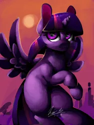 Size: 1280x1698 | Tagged: safe, artist:penpale-heart, derpibooru import, twilight sparkle, twilight sparkle (alicorn), alicorn, pony, abstract background, eye reflection, female, flying, looking at you, mare, missing cutie mark, reflection, smiling, solo, spread wings, sun, wings