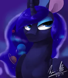 Size: 1280x1457 | Tagged: safe, artist:penpale-heart, derpibooru import, princess luna, alicorn, pony, bust, curved horn, ethereal mane, eye reflection, eyeshadow, female, galaxy mane, gradient background, horn, lidded eyes, makeup, mare, missing accessory, planet, reflection, smiling, solo, starry mane