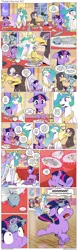 Size: 1200x3853 | Tagged: safe, artist:muffinshire, derpibooru import, princess celestia, professor inkwell, twilight sparkle, oc, oc:gisela, alicorn, gryphon, pony, unicorn, comic:twilight's first day, comic, crown, dialogue, eating, female, filly, filly twilight sparkle, fishbones, food, glasses, handkerchief, hoof shoes, jewelry, magic, mare, noodles, nose blowing, peytral, plate, regalia, running, scared, speech bubble, spicy food, table, telekinesis, unicorn twilight, younger