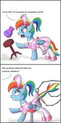 Size: 1000x2000 | Tagged: suggestive, artist:cappie, derpibooru import, rainbow dash, pony, alternate hairstyle, bound wings, clothes, comic, dialogue, dress, female, maid, offscreen character, ponytail, punishment, rainbow dash always dresses in style, restrained, satin, shoes, silk, simple background, sissy, skirt, skirt lift, skirt pull, slapping, socks, solo, solo female, spank mark, spanking, spanking machine, stockings, thigh highs, tomboy taming, vase, white background, wings