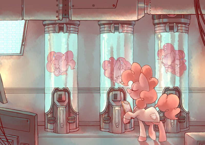 Size: 1280x905 | Tagged: safe, artist:sony-shock, derpibooru import, pinkie pie, pony, cable, cables, clipboard, clone, cloning, clothes, computer, computer monitor, computer screen, fluid, lab coat, laboratory, monitor, pinkie clone, pipe (plumbing), pipes, science, science fiction, scientist, screen, sleeping, tube, tubes, wires