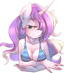 Size: 1200x1372 | Tagged: suggestive, artist:sony-shock, derpibooru import, oc, oc:milagra lilac, unofficial characters only, anthro, unicorn, anthro oc, bikini, bikini top, breasts, bust, cleavage, clothes, female, hair over one eye, mare, not cadance, sexy, solo, solo female, swimsuit