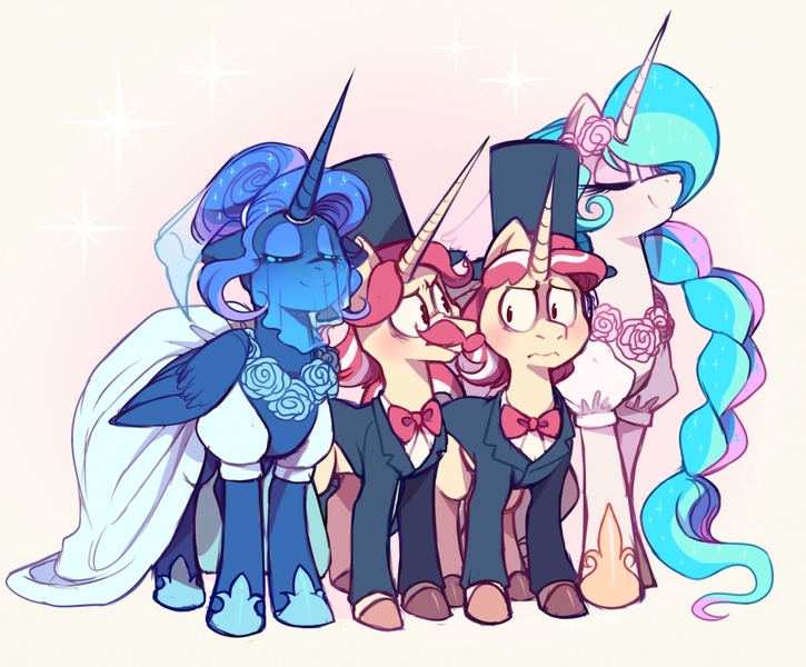 Size: 1024x848 | Tagged: safe, artist:sony-shock, derpibooru import, flam, flim, princess celestia, princess luna, alicorn, pony, unicorn, fanfic, bowtie, brothers, clothes, colored hooves, crack shipping, dress, eyes closed, fanfic art, fanfic cover, female, flamluna, flim flam brothers, flimlestia, hat, male, mare, shipping, siblings, simple background, sisters, smiling, stallion, this will not end well, top hat, tuxedo, veil, wedding dress, yellow background