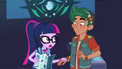 Size: 1279x720 | Tagged: safe, derpibooru import, screencap, sci-twi, timber spruce, twilight sparkle, equestria girls, equestria girls series, star crossed, blushing, female, geode of telekinesis, glasses, holding hands, magical geodes, male, nervous, ponytail, shipping, straight, timbertwi