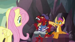 Size: 1920x1080 | Tagged: safe, derpibooru import, screencap, fluttershy, garble, smolder, dragon, pegasus, pony, sweet and smoky, beatnik, bongos, brother and sister, dragoness, embarrassed, female, male, mare, siblings, trio
