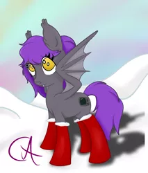 Size: 2057x2416 | Tagged: safe, artist:lux-arume, derpibooru import, oc, oc:sydney, bat pony, pony, fallout equestria, bat pony oc, bat wings, christmas, christmas stocking, holiday, nuclear winter, wings