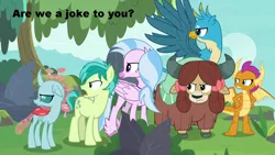 Size: 1280x720 | Tagged: safe, derpibooru import, edit, edited screencap, screencap, gallus, ocellus, sandbar, silverstream, smolder, yona, changedling, changeling, classical hippogriff, dragon, earth pony, gryphon, hippogriff, pony, yak, non-compete clause, angry, bow, cloven hooves, colored hooves, dragoness, female, flying, gallus is not amused, hair bow, jewelry, male, monkey swings, necklace, ocellus is not amused, sandbar is not amused, silverstream is not amused, smolder is not amused, student six, teenager, unamused, yona is not amused