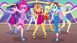 Size: 1280x720 | Tagged: safe, derpibooru import, screencap, applejack, fluttershy, pinkie pie, rainbow dash, rarity, sci-twi, sunset shimmer, twilight sparkle, equestria girls, equestria girls series, i'm on a yacht, spoiler:eqg series (season 2), cruise outfit, dancing, feet, female, humane five, humane seven, humane six, legs, looking at you, sandals, sleeveless