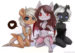 Size: 4039x2894 | Tagged: safe, artist:alexa1alexa, derpibooru import, oc, oc:aerye, oc:agua fisher, oc:scarlet quill, unofficial characters only, anthro, bat pony, digitigrade anthro, original species, shark, shark pony, unicorn, anthro oc, bat pony oc, bat wings, belly button, bikini, breasts, chibi, clothes, commission, fangs, gift art, heart, kneeling, off shoulder, one-piece swimsuit, sarong, simple background, smiling, swimsuit, white background, wings