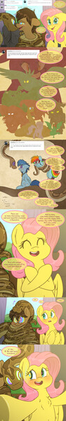 Size: 2000x12742 | Tagged: safe, artist:fluffyxai, derpibooru import, fluttershy, rainbow dash, oc, oc:cloudburst, oc:cookie coils, oc:spirit wind, bird, cockatrice, cragadile, crocodile, manticore, pony, roc, snake, sphinx, timber wolf, tumblr:ask spirit wind, animal, blushing, coiling, creature, embarrassed, frown, hypnosis, hypnotized, monster, nervous, silhouette, smiling, speech, speech bubble, sweat, sweatdrop, swirly eyes, talking, text, tree, tumblr, wrapped up