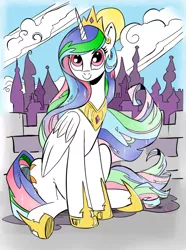 Size: 744x1000 | Tagged: safe, artist:andypriceart, artist:ryuredwings, color edit, derpibooru import, edit, princess celestia, alicorn, pony, canterlot, cloud, colored, crown, cute, cutelestia, female, hoof shoes, i can't believe it's not idw, jewelry, looking at you, mare, regalia, sitting, solo, sun