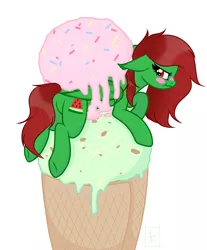 Size: 1744x2107 | Tagged: safe, artist:kim0508, derpibooru import, oc, oc:watermelon frenzy, unofficial characters only, bat pony, blushing, food, grumpy, hmpf, ice cream, male, solo, trap