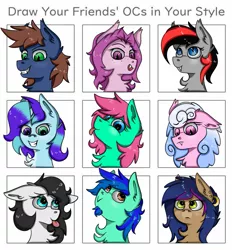 Size: 835x900 | Tagged: safe, artist:luriel maelstrom, derpibooru import, oc, oc:calculator, oc:editz khun, oc:frostie, oc:haiky haiku, oc:minty split, oc:miraisora, oc:shadie, oc:starline moongazer, oc:warly, unofficial characters only, bat pony, pony, bat pony oc, bat wings, challenge, chest fluff, derp, fangs, grumpy, looking at you, piercing, smiling, tongue out, two toned mane, wings