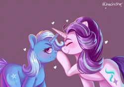 Size: 3000x2096 | Tagged: safe, artist:neonishe, derpibooru import, starlight glimmer, trixie, pony, unicorn, boop, cute, diatrixes, eyes closed, female, glimmerbetes, heart, lesbian, mare, purple background, shipping, simple background, smiling, startrix