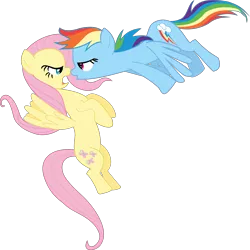 Size: 3999x4000 | Tagged: safe, artist:clashwolf3, derpibooru import, fluttershy, rainbow dash, pegasus, pony, may the best pet win, faic, female, flying, funny, funny face, imminent kissing, mare, open mouth, simple background, transparent background, vector, wings