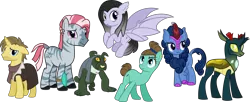 Size: 5300x2160 | Tagged: safe, artist:walrusinc, derpibooru import, ponified, bat pony, changeling, diamond dog, earth pony, kirin, pony, unicorn, zebra, broken horn, clothes, colored hooves, critical role, ear piercing, earring, eyeshadow, hair bun, horn, jewelry, makeup, nose piercing, piercing, simple background, transparent background, vector