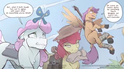 Size: 3840x2140 | Tagged: safe, artist:icychamber, derpibooru import, apple bloom, scootaloo, sweetie belle, butterfly, earth pony, pegasus, pony, unicorn, fanfic:flesh and blood, comic, cutie mark crusaders, mouth hold, speech bubble, text