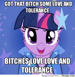 Size: 500x516 | Tagged: safe, derpibooru import, edit, edited screencap, screencap, twilight sparkle, pony, unicorn, the best night ever, abstract background, bust, clothes, cropped, dress, gala dress, love and tolerance, meme, motivational poster, portrait, solo, stars, swearing, vulgar