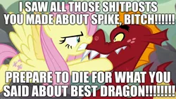 Size: 1920x1080 | Tagged: abuse, aggressive, angry, big sister instinct, caption, death threat, derpibooru import, edit, edited screencap, excessive exclamation marks, fluttershy, garble, go to sleep garble, image macro, implied spike, implied spikeabuse, safe, scared, screencap, shitposting, spike, spikeabuse, spikelove, sweet and smoky, text, threat, vulgar