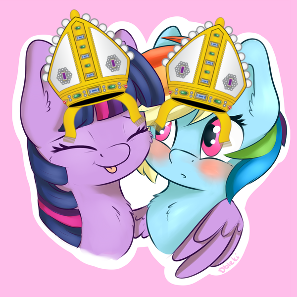 Size: 2300x2300 | Tagged: safe, artist:dbleki, derpibooru import, edit, rainbow dash, twilight sparkle, twilight sparkle (alicorn), alicorn, pony, :p, blushing, bust, cheek fluff, chest fluff, cute, dashabetes, ear fluff, eyes closed, female, fluffy, fluffyball, hug, lesbian, mitre, pink background, portrait, shipping, signature, simple background, tongue out, twiabetes, twidash, winghug