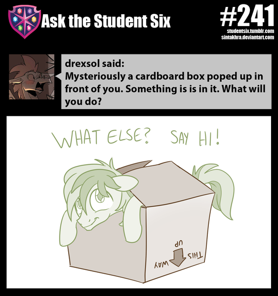 Size: 800x852 | Tagged: safe, artist:sintakhra, derpibooru import, sandbar, earth pony, pony, tumblr:studentsix, behaving like a cat, box, cardboard box, colored pupils, cute, floppy ears, looking at you, looking up, male, partial color, pony in a box, sandabetes, silly, silly pony, simple background, smiling, solo, stallion, text, white background