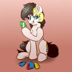 Size: 4000x4000 | Tagged: safe, artist:witchtaunter, derpibooru import, oc, oc:double take, earth pony, pony, commission, reverse card, sitting, solo, uno