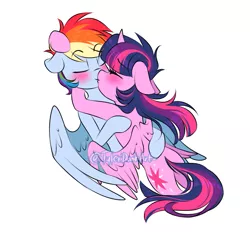 Size: 969x900 | Tagged: safe, artist:tylerdashart, derpibooru import, rainbow dash, twilight sparkle, twilight sparkle (alicorn), alicorn, pegasus, pony, blushing, embrace, eye clipping through hair, eyebrows visible through hair, eyes closed, female, floppy ears, image, kissing, lesbian, mare, png, shipping, signature, simple background, smiling, spread wings, twidash, white background, wings