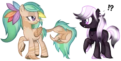 Size: 1391x703 | Tagged: safe, artist:angelofthewisp, artist:ponybasesrus, derpibooru import, oc, oc:feather frolic, oc:moony moody, unofficial characters only, earth pony, original species, pegasus, pony, augmented tail, bedroom eyes, brush, choker, claw, coat markings, ear piercing, earring, exclamation point, feather, female, interrobang, jewelry, lip piercing, mare, markings, mouth hold, piercing, ponytail, question mark, raised hoof, simple background, transparent background, unshorn fetlocks