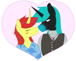 Size: 1362x1090 | Tagged: safe, artist:dyonys, derpibooru import, oc, oc:angelo, oc:maya yamato, unofficial characters only, semi-anthro, unicorn, blushing, clothes, curved horn, eyes closed, female, heart, horn, jewelry, male, mare, shipping, simple background, stallion, yamangelo