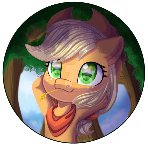 Size: 1280x1271 | Tagged: safe, artist:auroracursed, derpibooru import, applejack, earth pony, pony, arm behind head, armpits, bandana, bust, chibi, colored pupils, cowboy hat, cute, deviantart watermark, female, freckles, hat, jackabetes, mare, obtrusive watermark, simple background, solo, straw in mouth, transparent background, tree, watermark