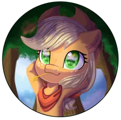 Size: 1280x1271 | Tagged: safe, artist:auroracursed, derpibooru import, applejack, earth pony, pony, arm behind head, armpits, bandana, bust, chibi, colored pupils, cowboy hat, cute, deviantart watermark, female, freckles, hat, jackabetes, mare, obtrusive watermark, simple background, solo, straw in mouth, transparent background, tree, watermark