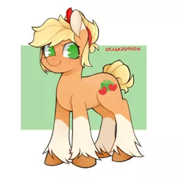 Size: 900x900 | Tagged: safe, artist:occultusion, derpibooru import, applejack, earth pony, pony, abstract background, alternate hairstyle, colored ears, colored hooves, female, hair bun, looking at you, mare, messy bun, no pupils, pacman eyes, redesign, socks (coat marking), solo, tail bun, unshorn fetlocks